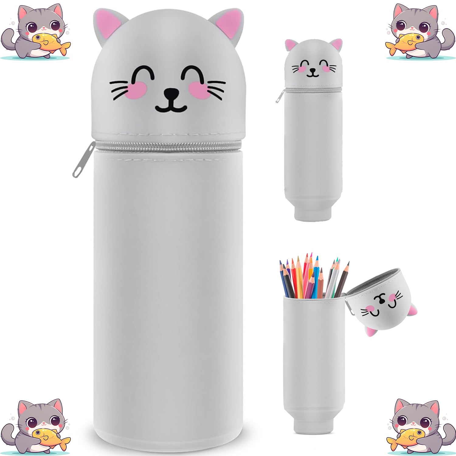 TwoduYoo Super weiches Federmäppchen, Kawaii (Britische Blaue Katze) Federmäppchen aus Silikon, wasserdicht und superweich, 22cm Max Höhe, Soft Pencil Case