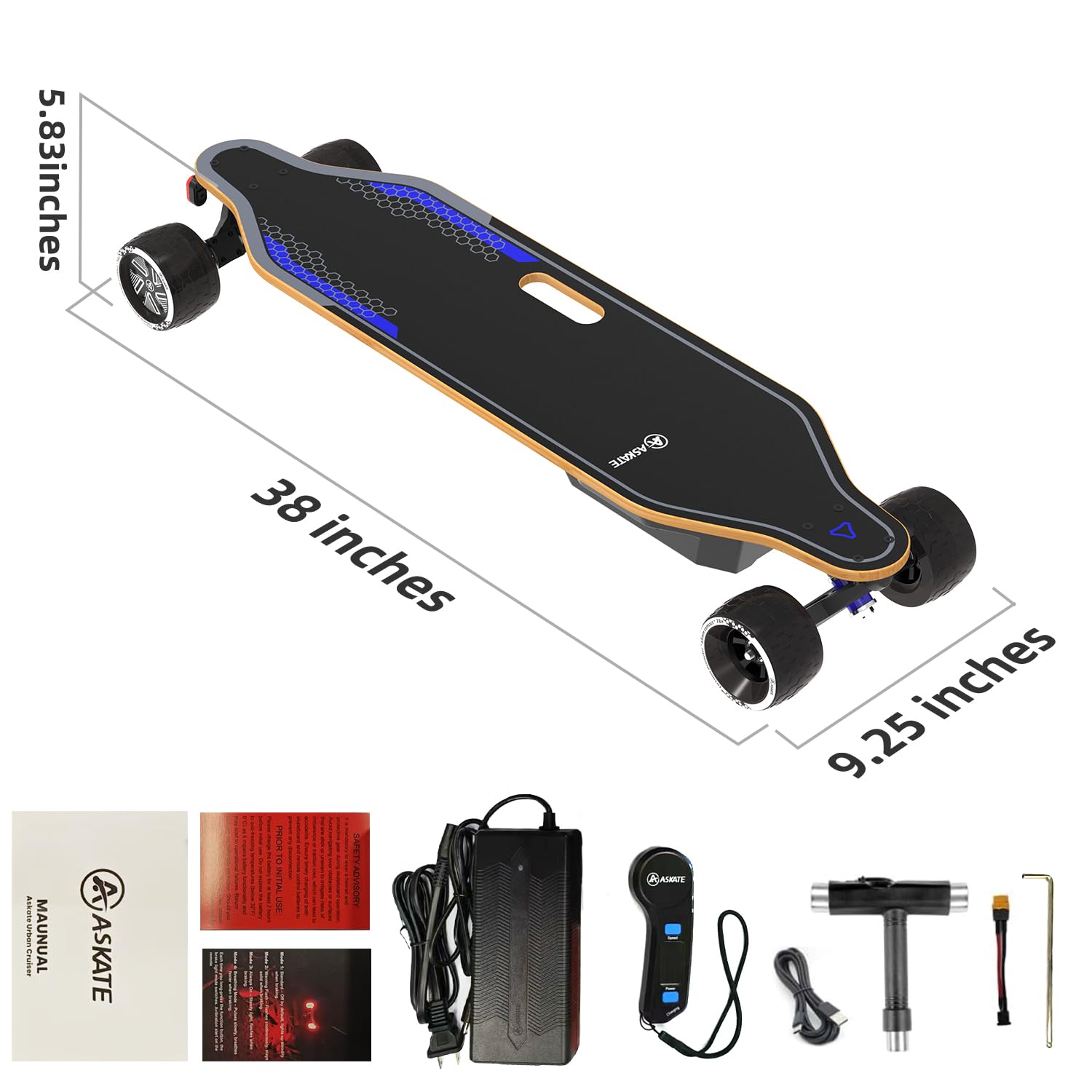 Skateboard électrique A1 avec télécommande, portée jusqu'à 24 kilomètres, érable canadien 8 plis, rupture lisse, convient pour les jeunes débutants