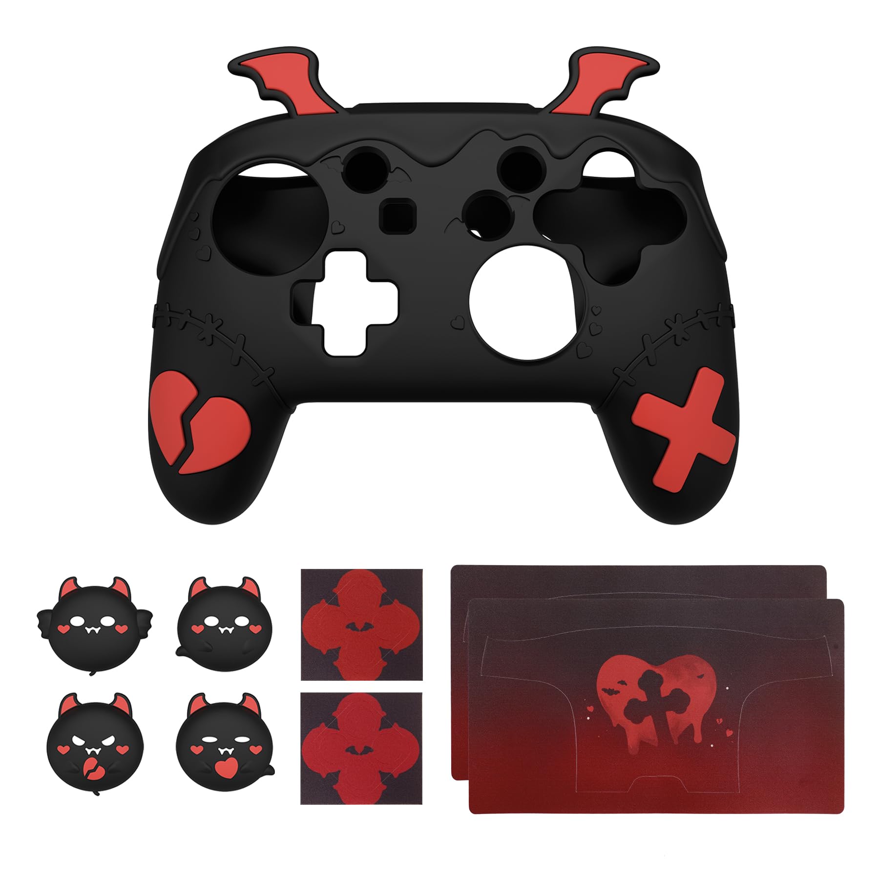 playvital Cover Silicone per Nintendo Switch 1 PRO Controller Custodia Joystick Skin Antiscivolo Protettiva Carina, 4 Copri Levette Analogiche & 2 Adesivi, Serie Imp Gotico, Nero