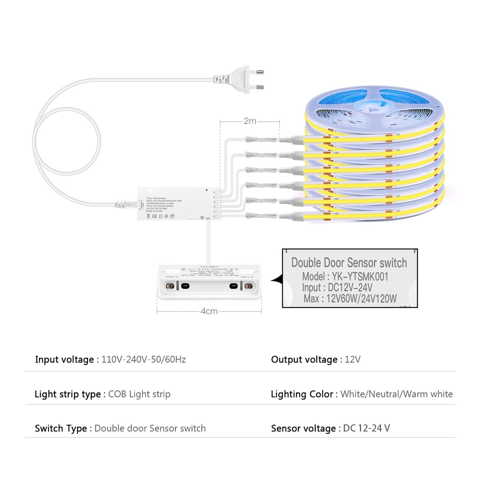 8mm COB LED Streifen Smart Tür Sensor Licht 1M-5M Unter Schrank Bücherregal Kleiderschrank Vitrine beleuchtung