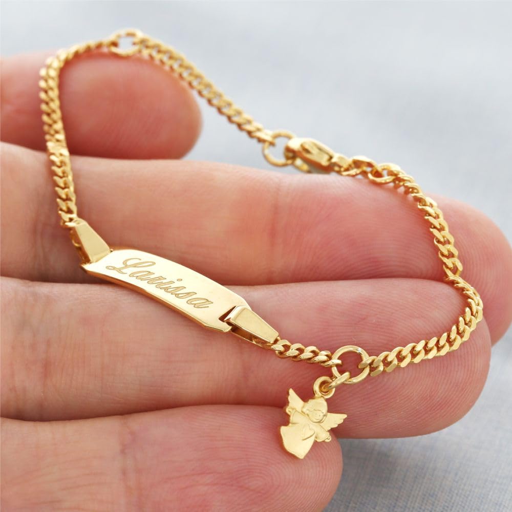 Baby ID Armband mit Engel Taufarmband Gravur Babyarmband 925 Silber vergoldet Taufschmuck mit Namen kurz 12cm 14cm Gold personalisiert