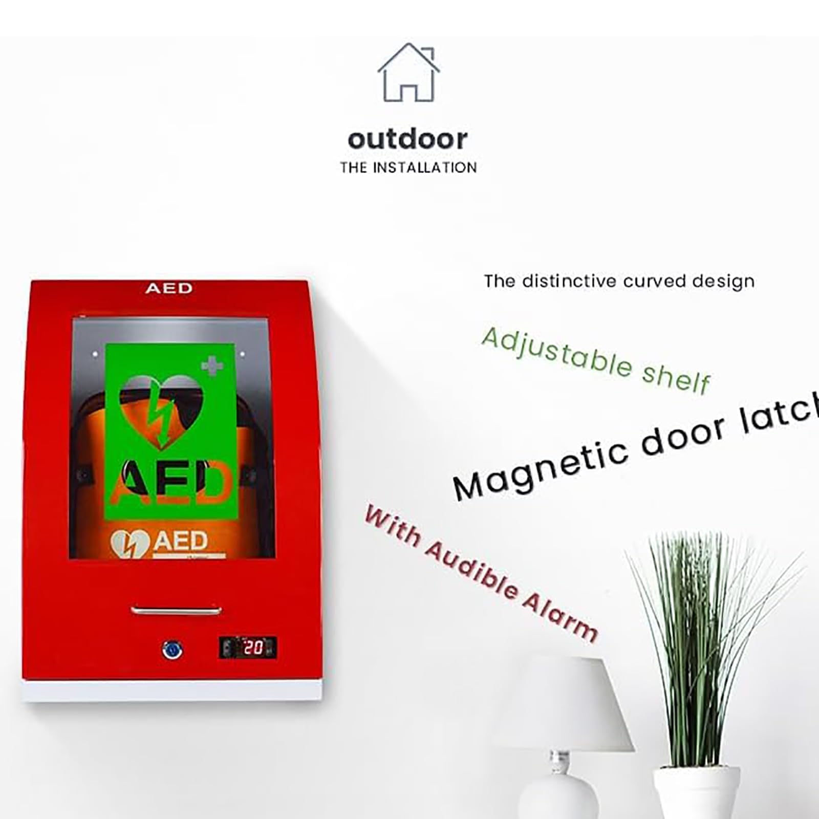 Wandmontierter AED-Defibrillator-Aufbewahrungsschrank, Herz-Defibrillator-Aufbewahrungsschrank aus Stahl mit Schlüssel und Alarm, einstellbare Trennwandposition, AED-Schrank für Zuhause, Schulen, Ve