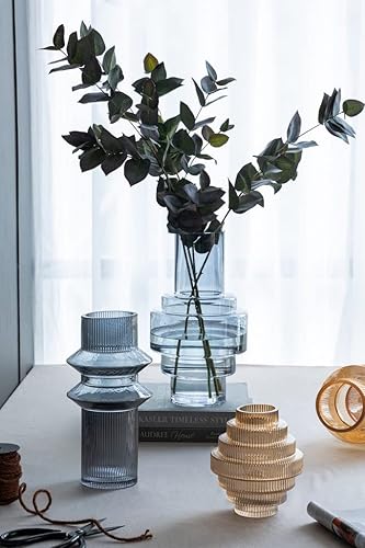 Miniatura 9 de T2 Concept - Juego de 2 jarrones de cristal ámbar transparente de 6 x 6 x 7 pulgadas con diseño geométrico moderno en niveles, decoración del hogar,