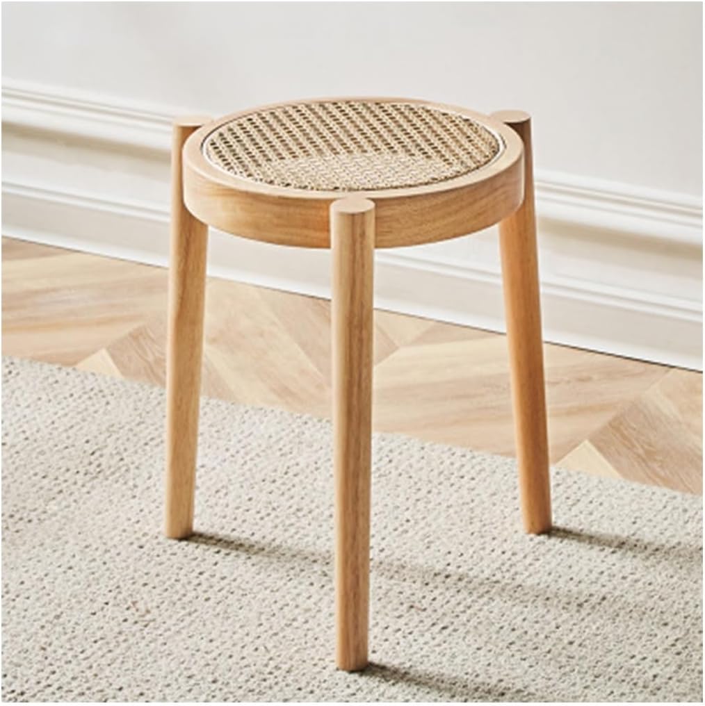 Desk Chair Wooden Entrance Round Stool, Scandinavian Solid Wood Rattan Round Stool Leisure Home Low Stool Rattan Stackable Shoe-Changing Stool for Kitchen & Dining Room (Color : Style C)