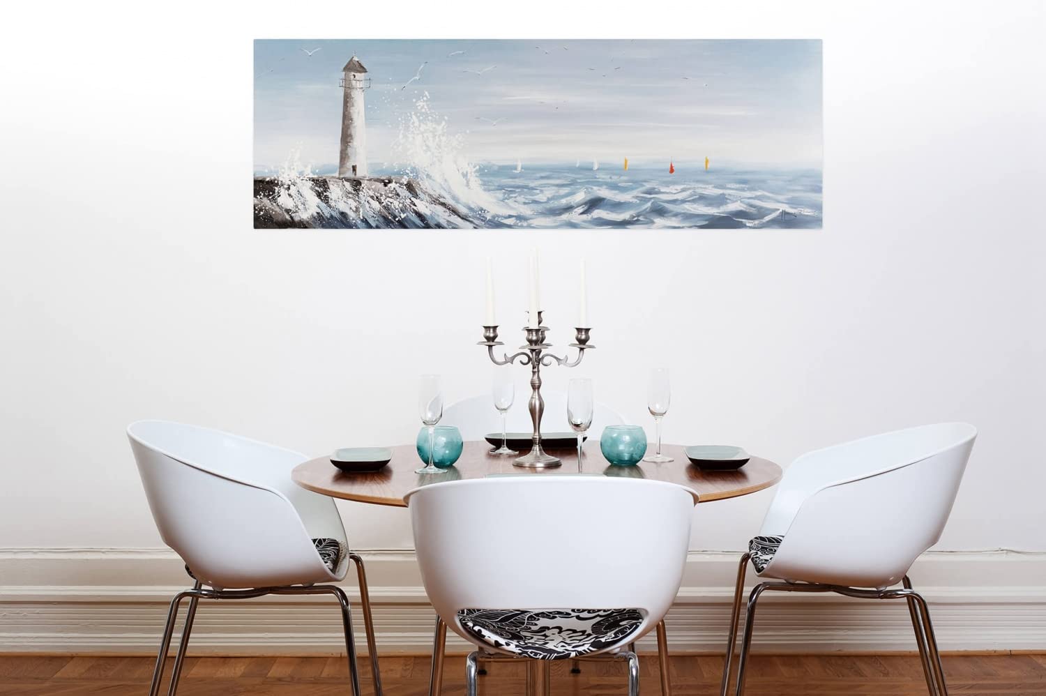 KunstLoft Tableau peinture moderne | 100% PEINT À LA MAIN | 150x50cm | Peinture sur toile 'Phare en vue' | Phare | Bleu Blanc | Deco murale salon