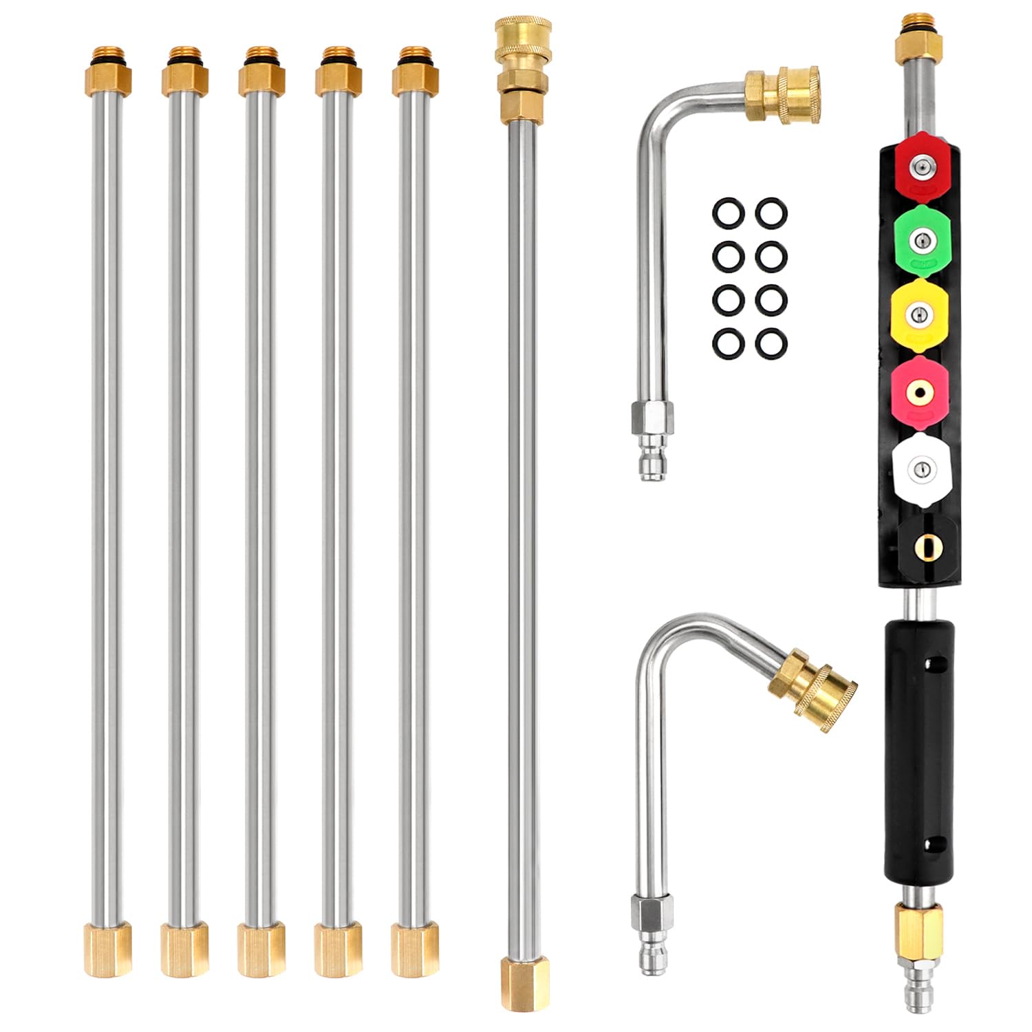 QWORK® Barres d'extension pour nettoyeur haute pression, 4000PSI, avec 6 embouts de buse, 10 anneaux en caoutchouc, raccord rapide 1/4", accessoires de lavage