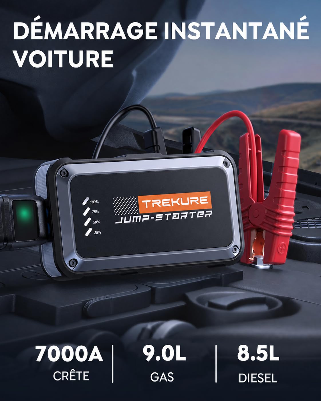TREKURE Booster Batterie Voiture 7000A 16800mAh, 12V Démarreur Voiture (Jusqu’à 9.0L Essence & 8.5L Diesel), Booster Batterie Moto Portable, Pince Intelligente avec Affichage, Lumière LED à 4 Modes