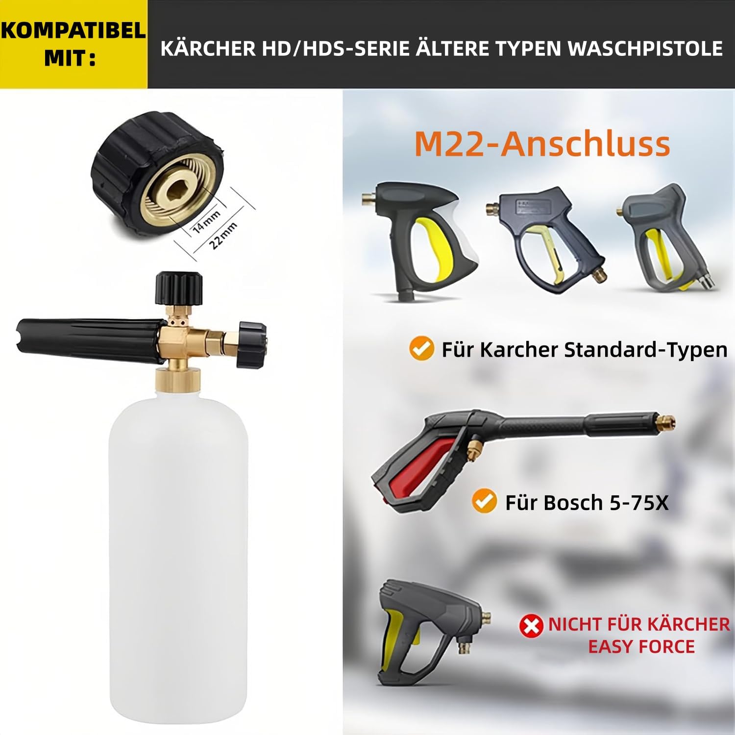 Stone Banks Schneeschaumlanze für geeignet für die Kärcher HD-Serie mit M22-Anschluss, Verstellbarer Schaumdüse und 1L Seifenspender, alte Version