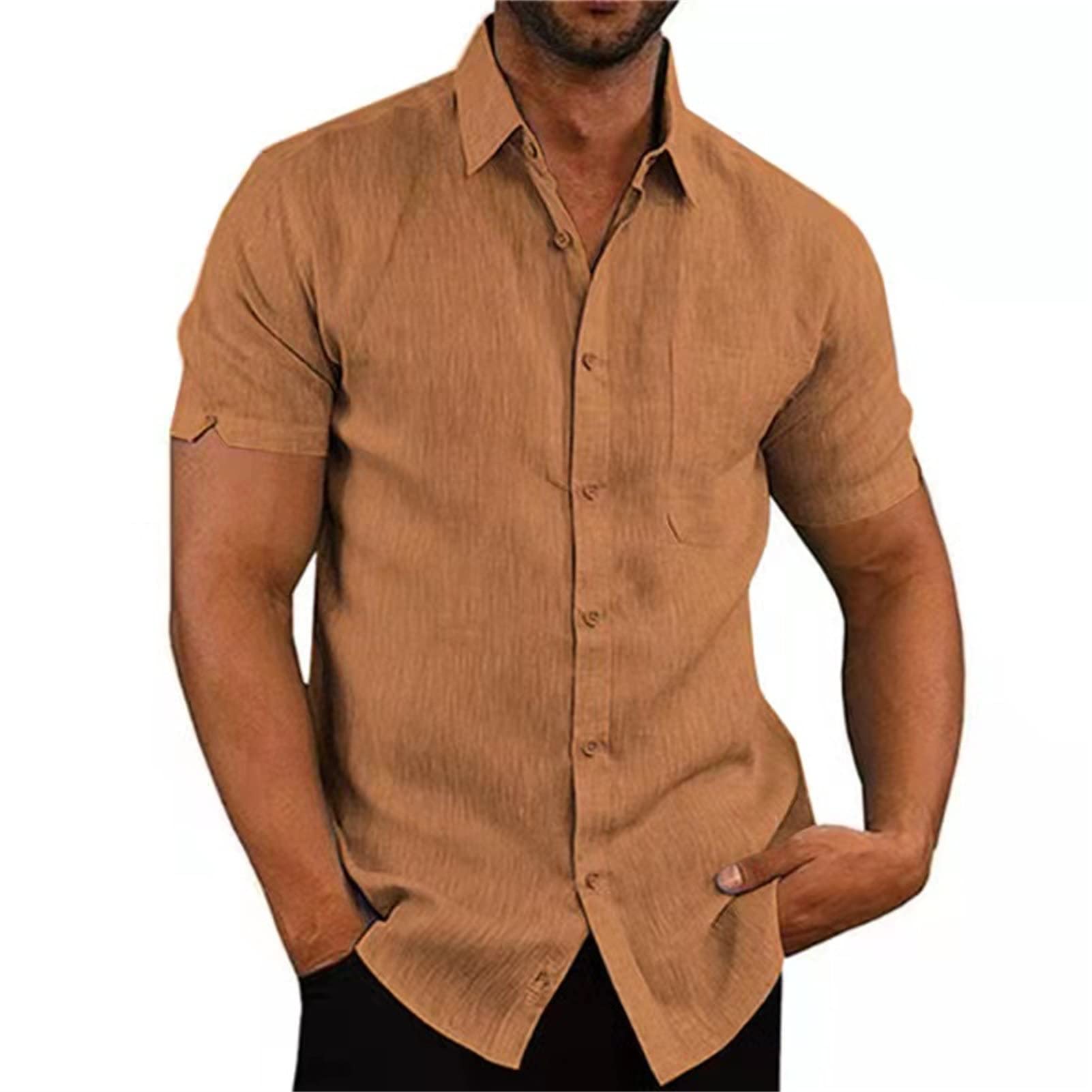 Maiyifu-GJ Men's Short Sleeve Beach Shirts Lightweight Summer Button Down Shirt Plain Tropical Holiday T Shirt with Pocket (Khaki,3X-Large)
