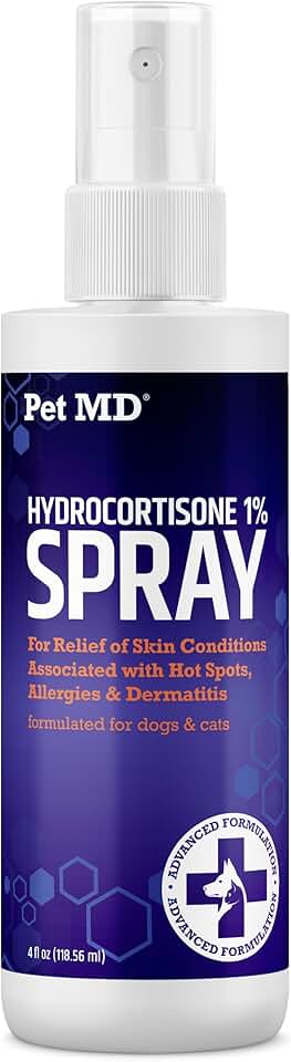 Pet MD 氫化可的松噴霧適用於狗、貓、馬 - 止癢噴霧和熱點治療，適用於狗、刺激性乾癢皮膚、過敏和皮膚炎 - 減少局部發炎 - 4 盎司