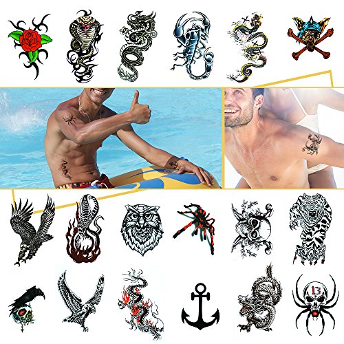 Temporary Tattoos Body Stickers for Men Boys Guys Fake Tattoo 18pcs, Eagle, Dead Skull, Rose, Dragon