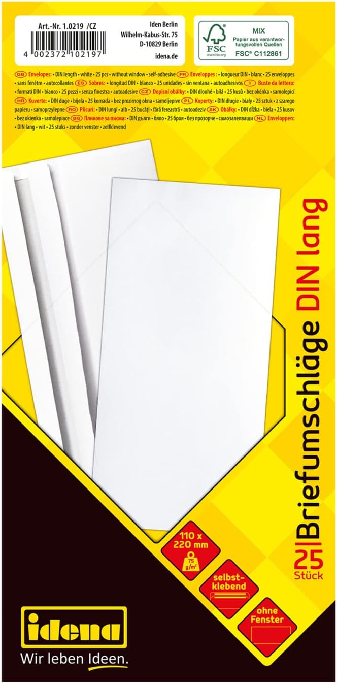 Idena 10219 - Sobres largos, 75 g/m², autoadhesivos, sin ventana, blancos, 25 unidades