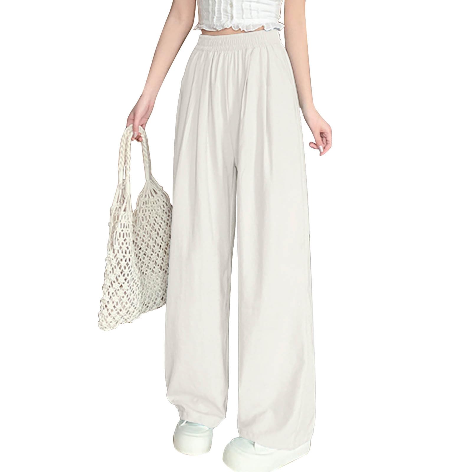 Womens 2025 Summer Wide Leg Pants Casual Boho Loose Palazzo Pant High Elastic Waist Flowy Beach Yoga Lounge Trousers(White,X-Large)