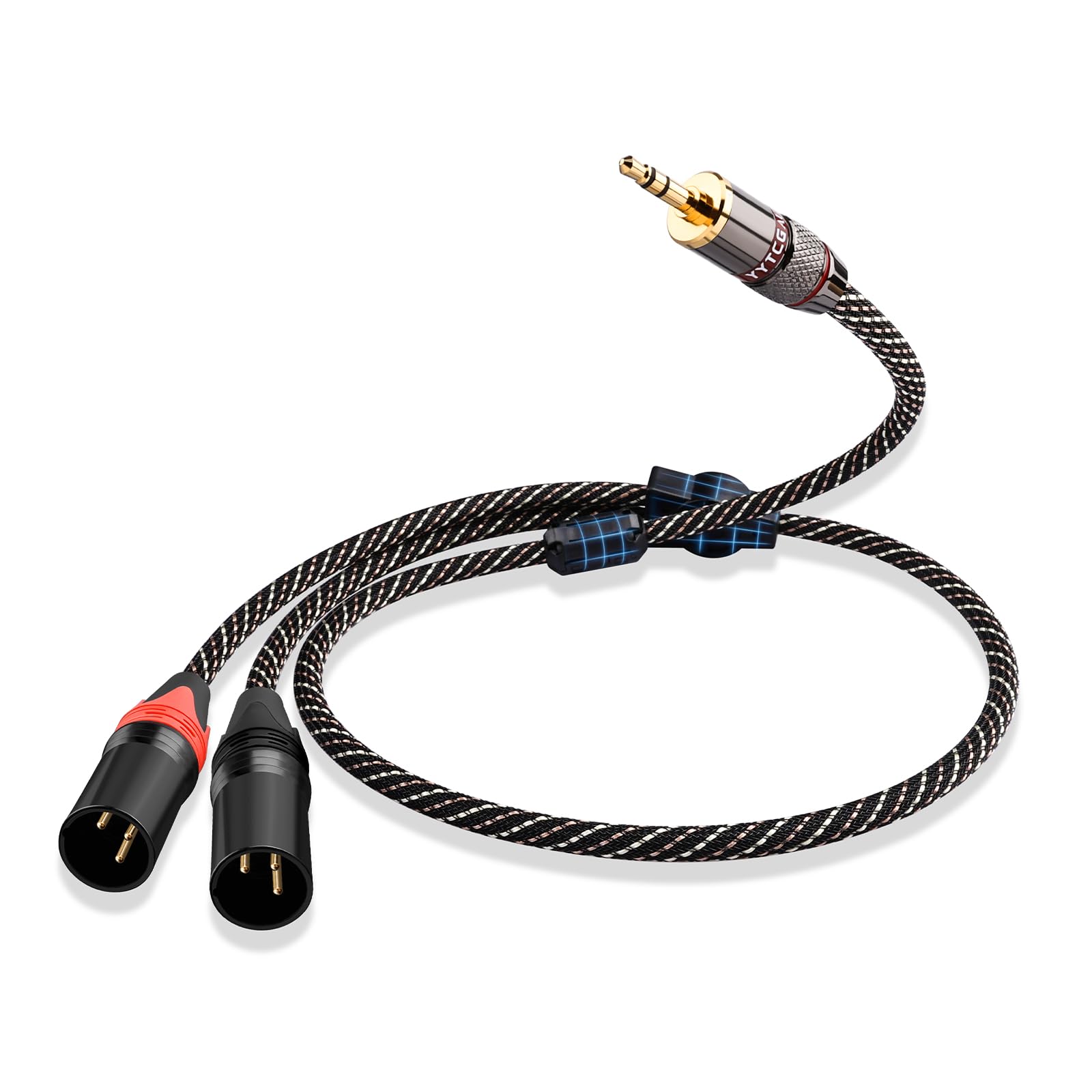 Audiophile Y-Splitterkabel, 3,5 mm auf Dual-XLR-Stecker, 15 AWG, 4 N OFC-Kern, 24 K vergoldete Stecker mit Nylongeflecht für Studioaufnahmen, Heimkino, Lautsprecher, HiFi-Audio-System (0,5 m)