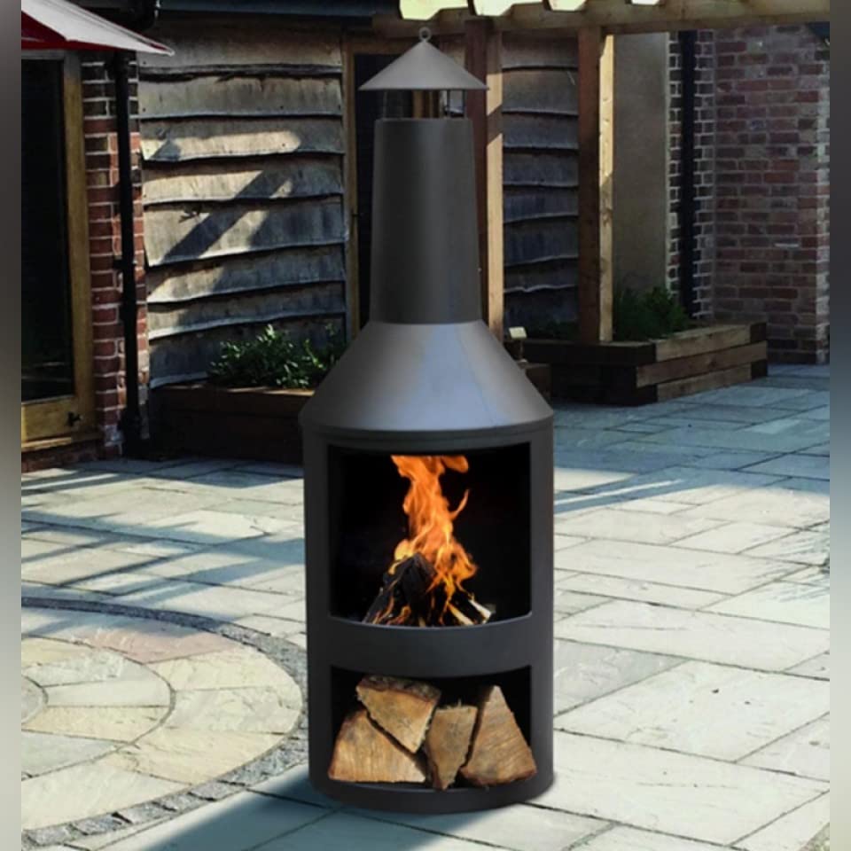 FastWrite Log Burner Fire Pit Black Steel Burner with Built in Log Store Outdoor Garden Furniture, Transparent, One Size