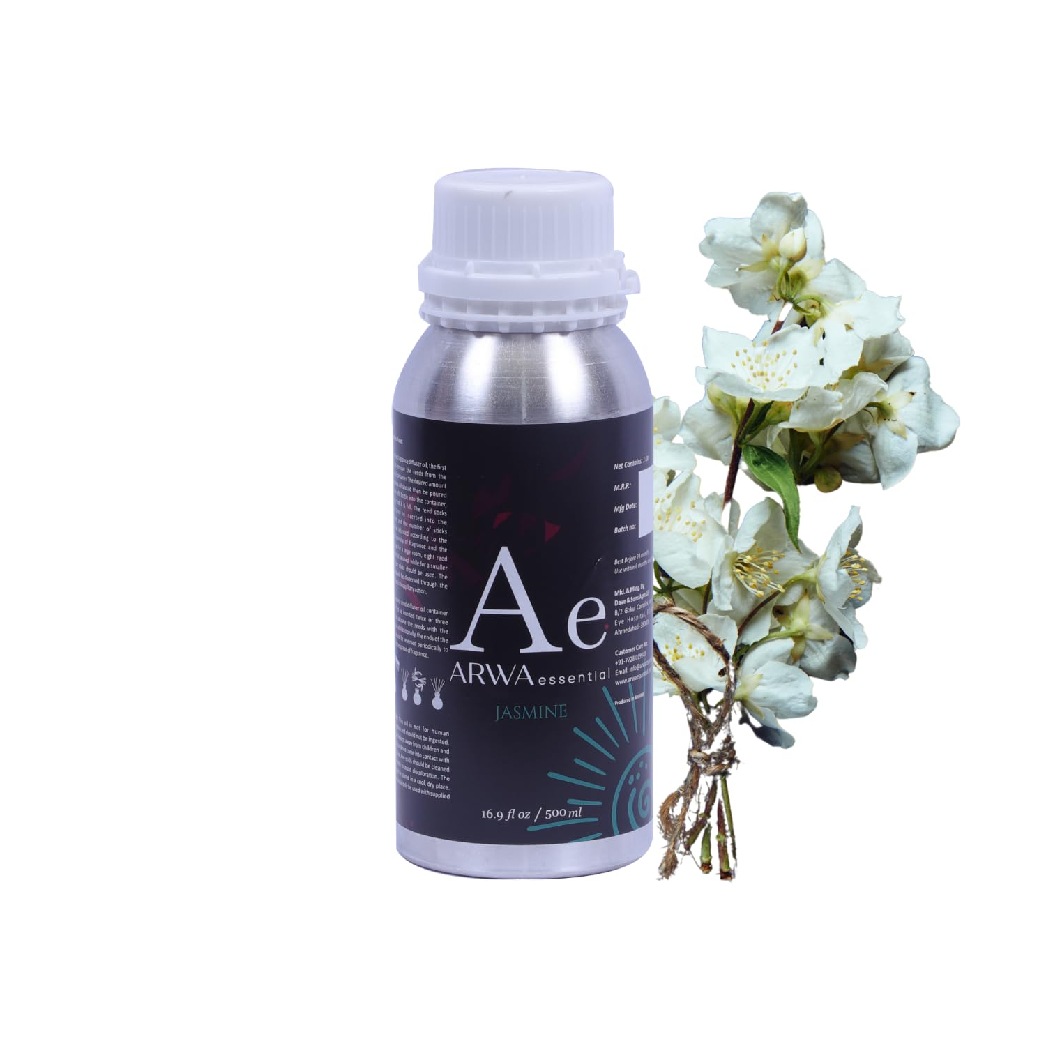 Ae ARWA essential Jasmine (Mogra) Oil 500ml | Organic Aromatherapy Essential Oil for Diffuser, Humidifier, Soap, Candle Making, Stress Relief
