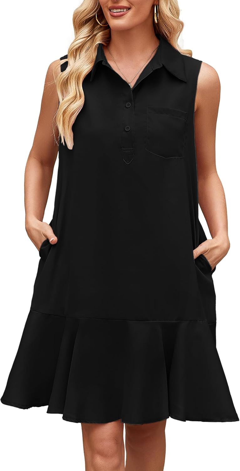 Kikibell Sleeveless Shirt Dresses for Women Summer Shift Mini Dress Casual V Neck Button Down Collared Sundress with Pockets