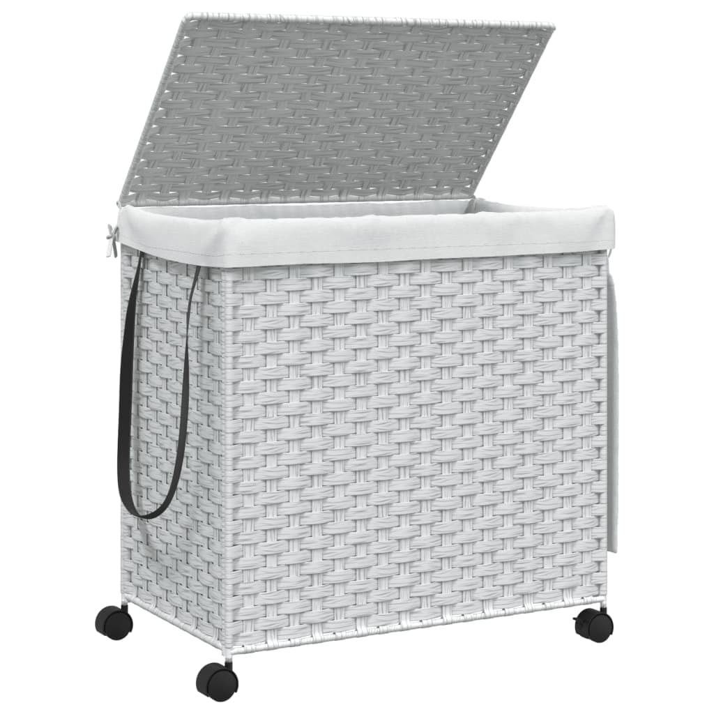 Kosz na pranie z rolkami, biały, 60 x 35 x 60,5 cm, rattan, 3 półki na pranie i kosz na pranie, z pokrywką, uchwytem, workiem wewnętrznym i hamulcem do pralni