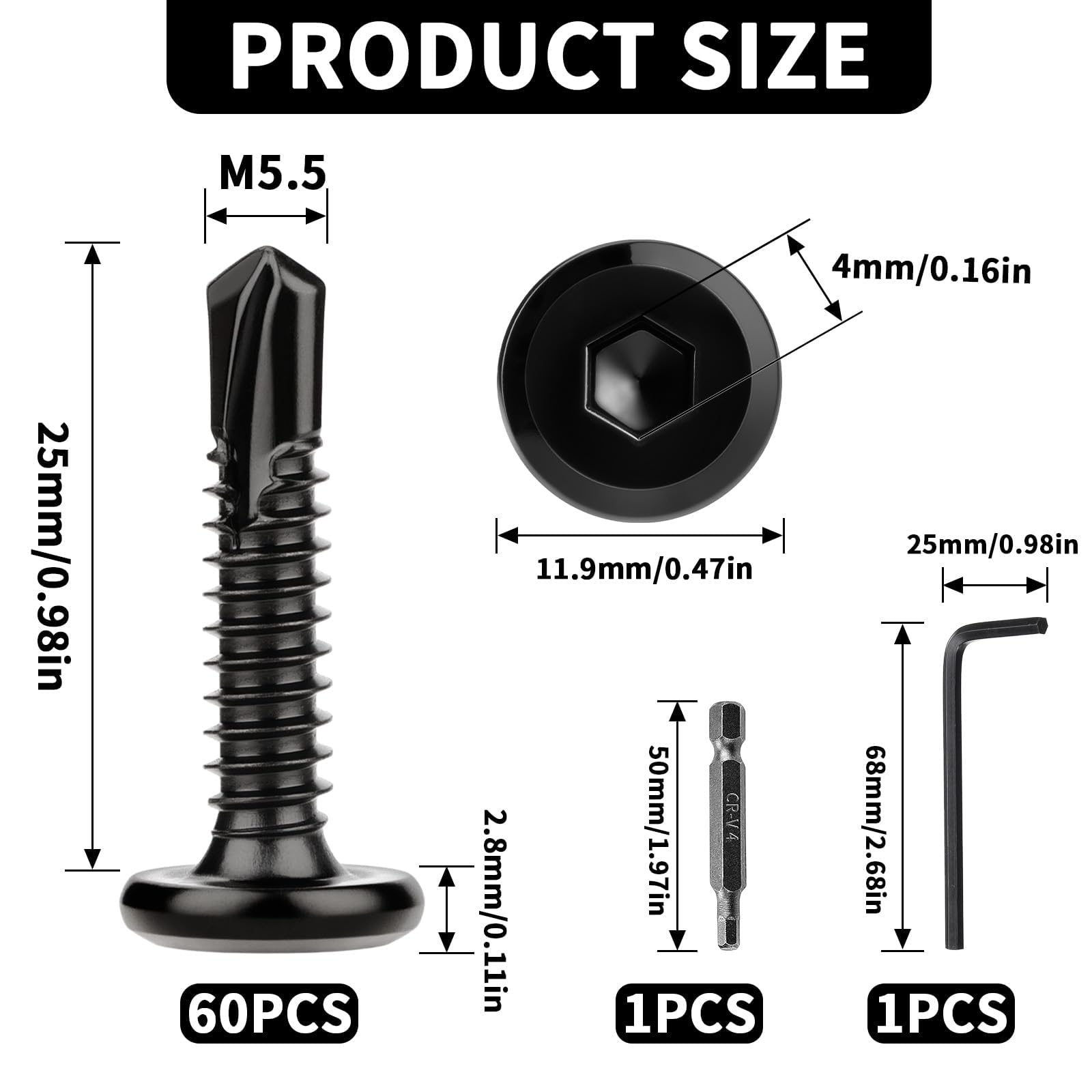 XRXYMQ 60 Pcs Self Tapping Screws Metal M5.5 x 25 mm Self Drilling Screws Flat Head Stainless Steel Screw Black Stainless Steel Tapping Screw For Aluminum Plastics Wood - Image 2