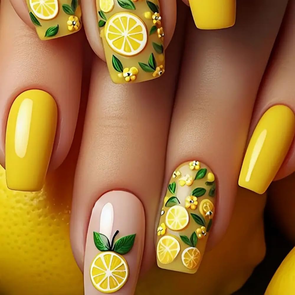 Teilihai Coffin Press-On Nails Yellow Fake Nails Spring Summer False Nails Medium Length Acrylic Gel Square Nails Full Cover Glossy Lemon Flower
