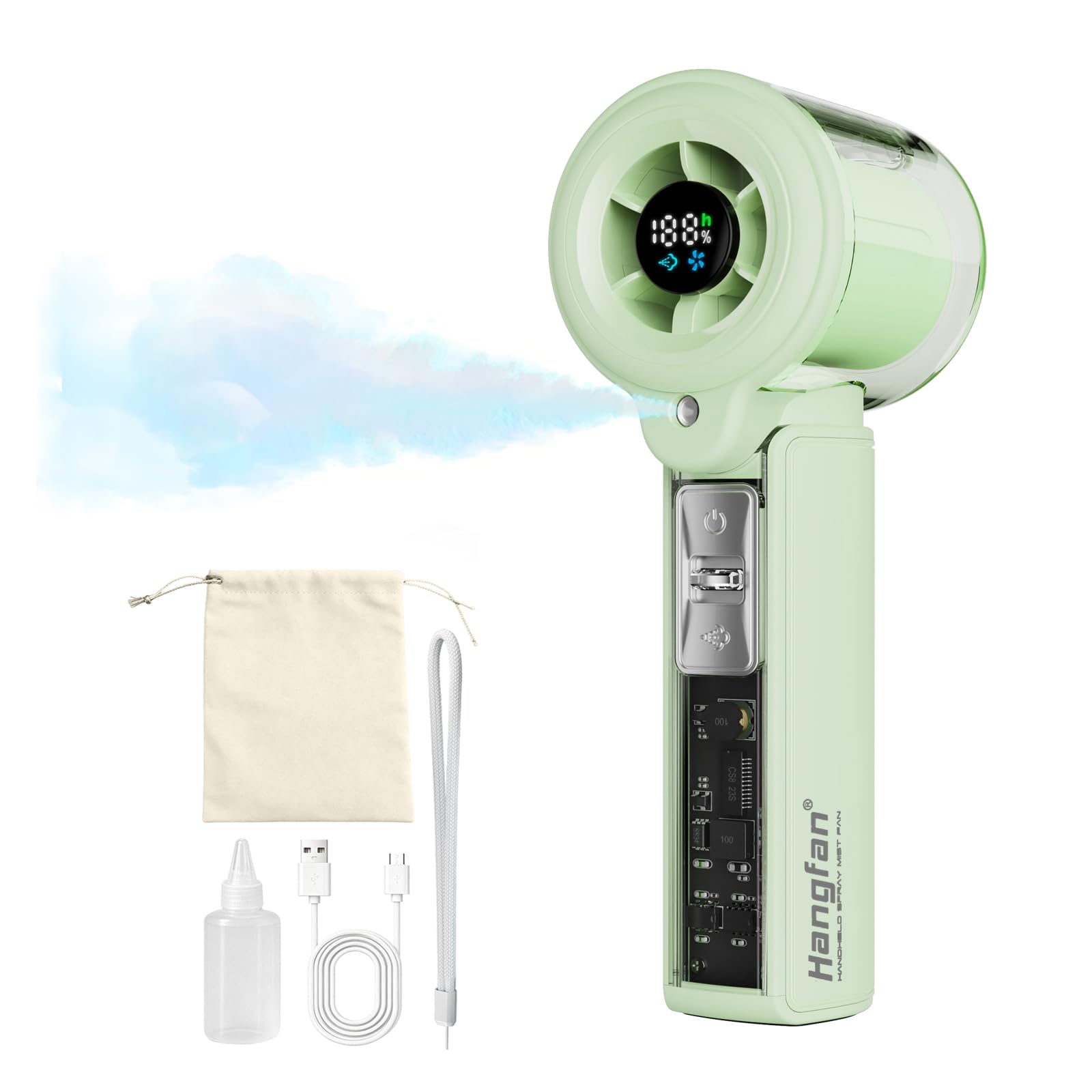 portable Handheld Fan with Mist Spray,1-100 Speed Toggle Button & LED Digital display,extra-large USB Rechargeable battery,20000 RPM Turbo Mini Fan for Travel Makeup Home Office Shopping Concert-Green