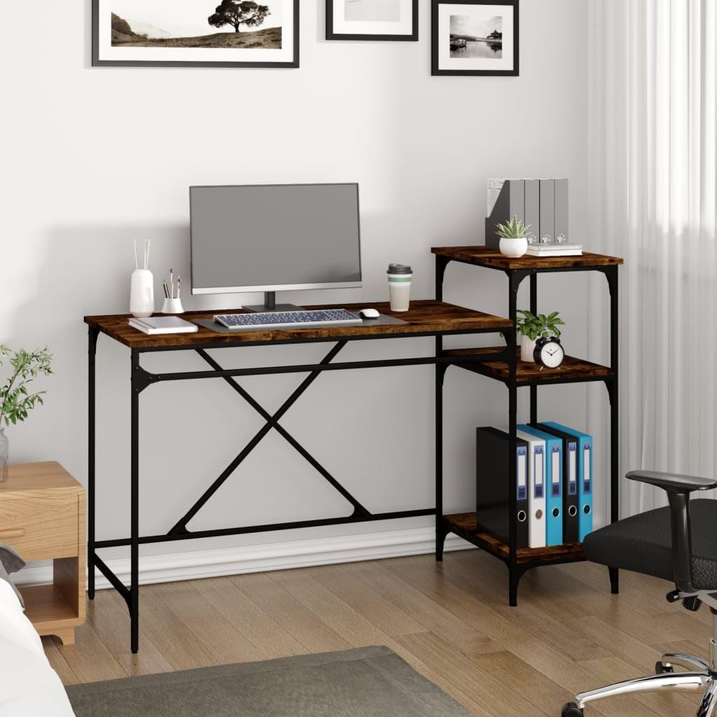 Escritorio de 135 x 50 x 90 cm de estilo industrial de madera con marco de hierro, 3 estantes para un amplio espacio de almacenamiento, gran superficie de trabajo y soporte de pared