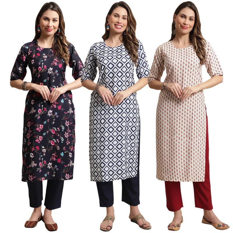 Pinkmint Straight Crepe Kurta & Pant For Women Ethnic Kurta Set For Women (Pack Of 3)