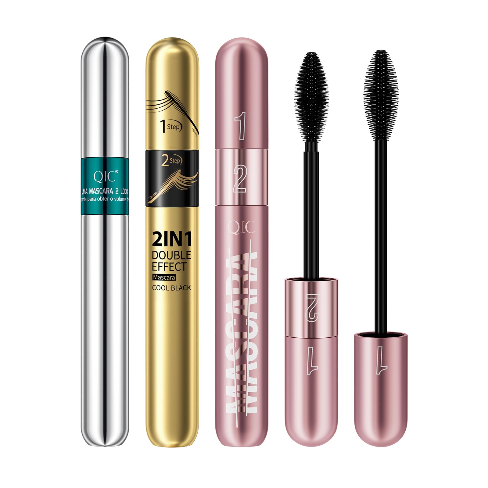 W3W 3 Pack 2in1 Mascara Set, 4D Silk Fiber Lash Mascara, Volume & Length, Waterproof, Non-Clumping, Smudge Proof for Natural Eyelash Makeup