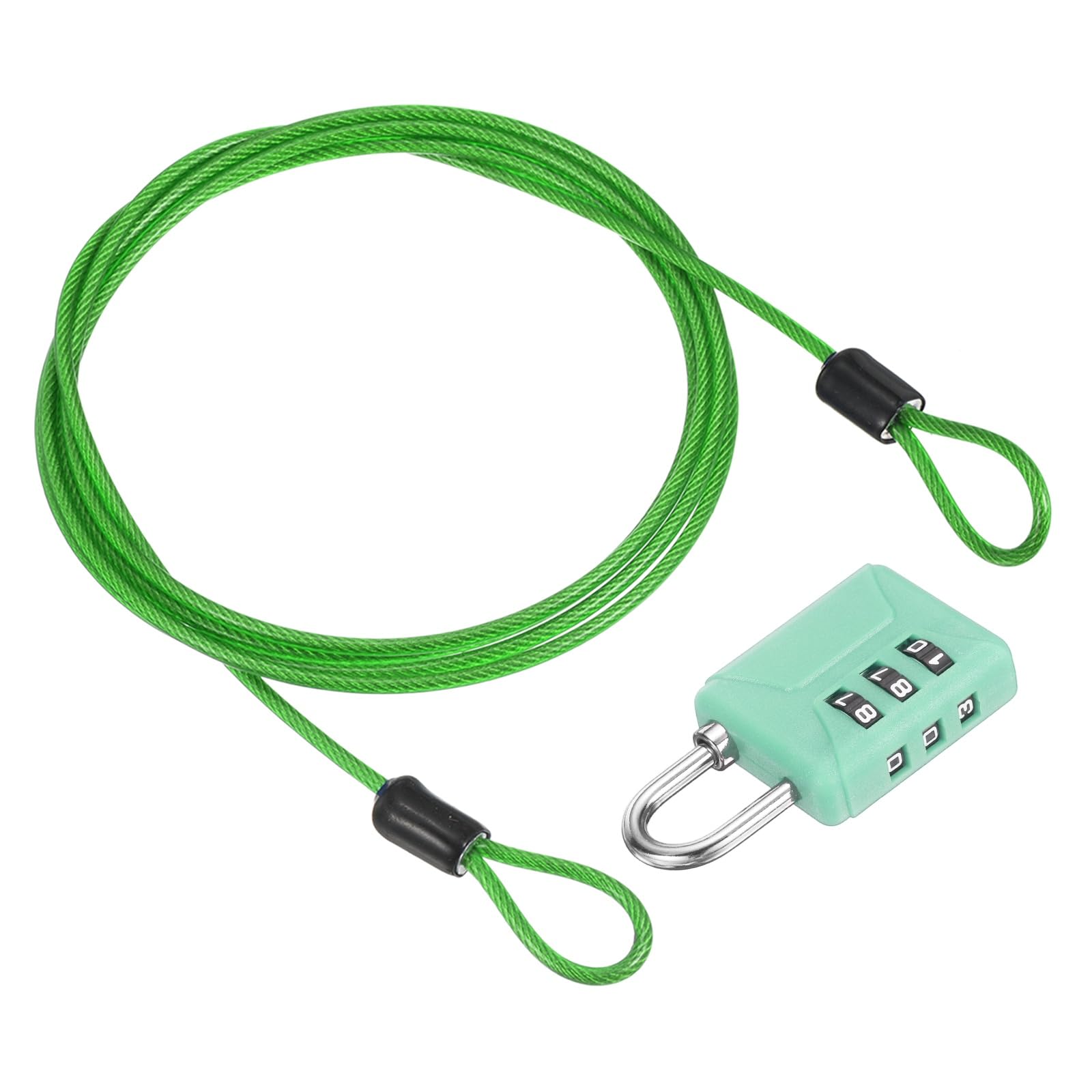 PATIKIL 4.9ft(59.1") Security Steel Cable with 3 Digit Combination Lock, 1 Set Travel Padlock PVC Coated Safety Wire Rope Double Loop for Luggage Suitcase, Clear Green Green