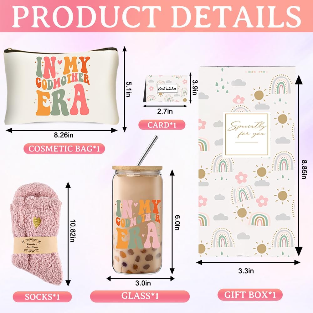 Godmother Proposal Gift Set for Women, In My Godmother Era 16 Oz Coffee Glass Cup, Unique Gifts for Birthday Christmas, Mothers Day Gift Set of 4 - Image 2