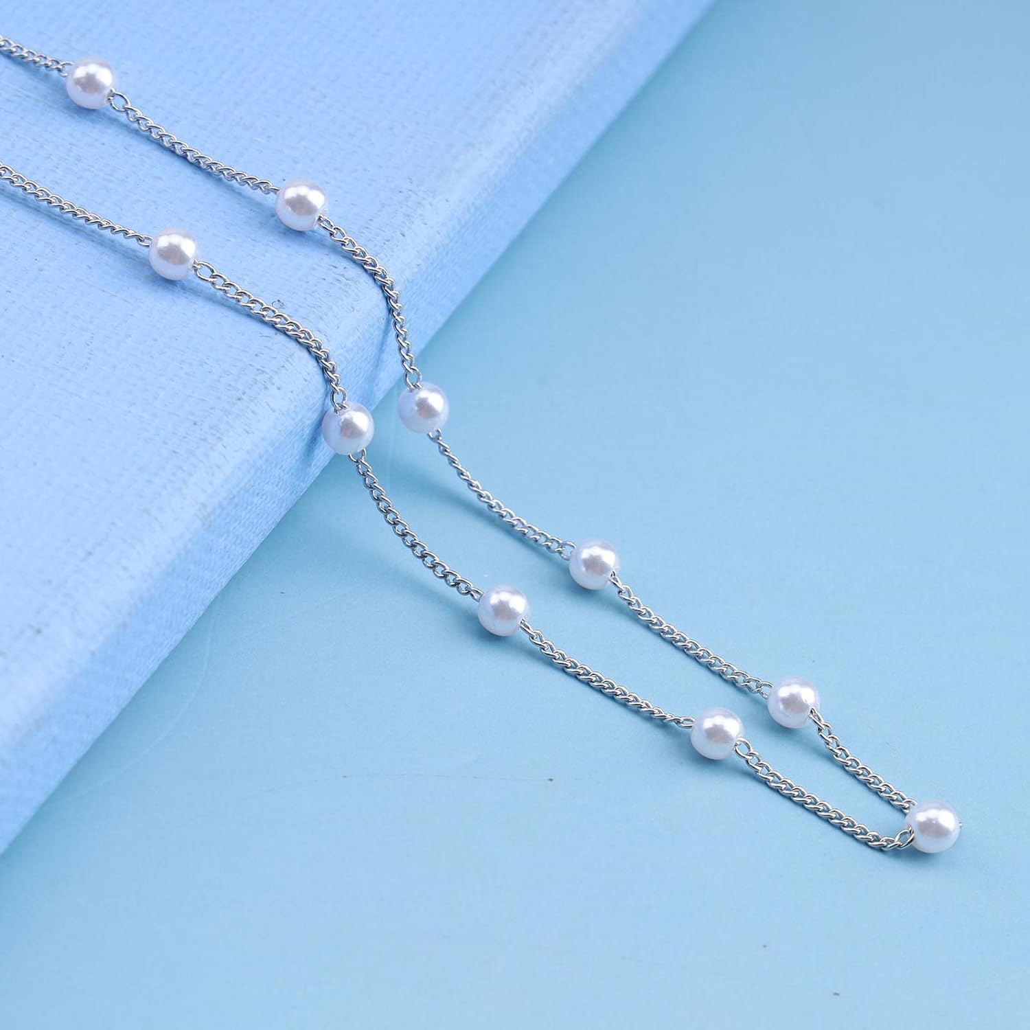 Boho Pearl Choker Necklace Floating Pearl Station Necklace Silver Pearl Beaded Necklace Pearl Bridal Necklace Chain Jewelry for Women (Silver) - Image 5