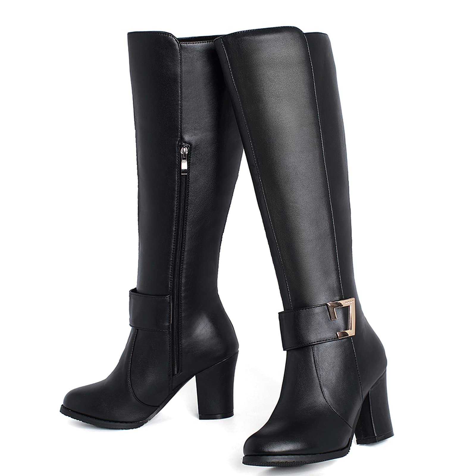 Onewus Bottes pour Femmes avec Talon Carré et Bottes à Tige Longue Zippée