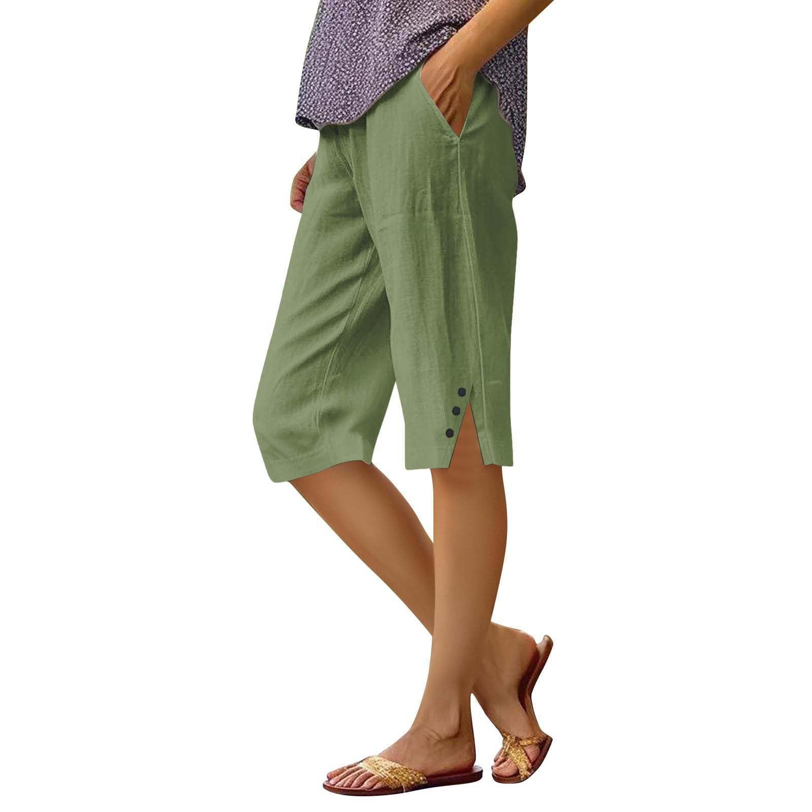 Leggings Pantaloncini Da Donna Al Ginocchio - Vita Elastica A Gamba Larga - Moda Estiva In Cotone E Lino - Taglie Forti - Casual Per Spiaggia E Palestra