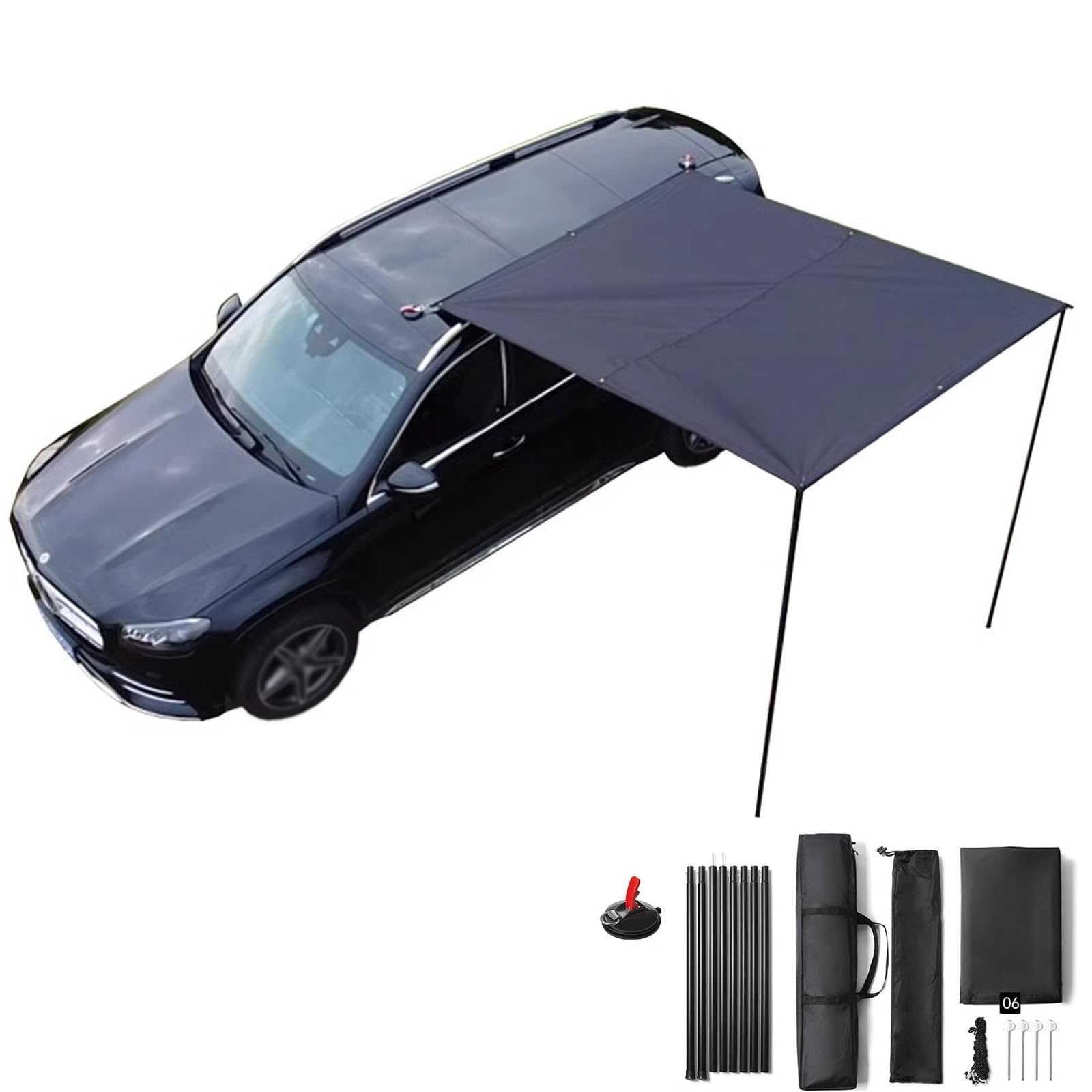 Toldo para Coche Toldo Camper con Ventosa, Toldo Caravana de 200X300cm, Tela Oxford 210D, Revestimiento de Pegamento Negro, Resistente al Agua PU5000mm UPF50+, no Requiere Portaequipajes(Blac
