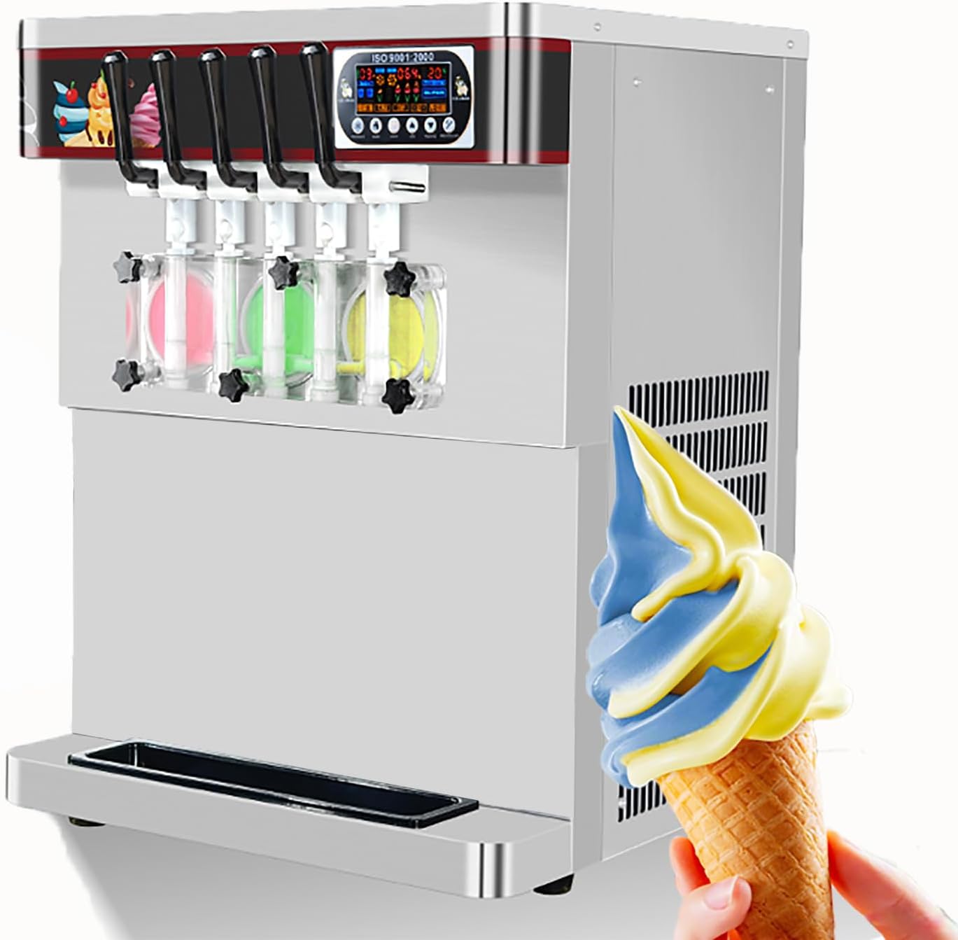 Commercial 5（2+1 mixed）Flavors Soft Ice Cream Machine,Desktop Soft Serve With LED Display Yogurt Machine,Upper Tanks With Mixer And Refrigerated,Auto Counting And Washing-2000W,21-27Quart/Hour