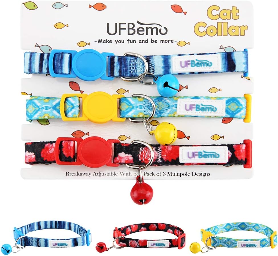 UFbemo Breakaway Cat Collar Cat Collar Personalized Set with Bell 3 Pack Adjustable Strap with Safety Buckle and Heavy-Duty Nylon…