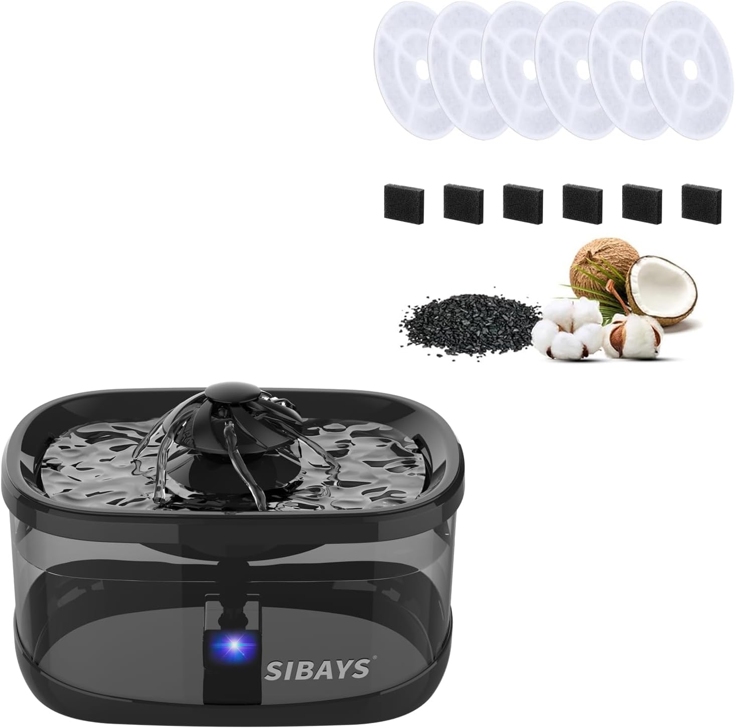 SIBAYS 9.5L Pet Water Fountain with 6 Replacement Filters and 6 Pump Sponges