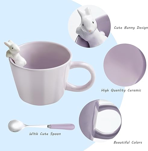 Miniatura 4 de BigNoseDeer Lindas tazas de conejo de Pascua con conejo 3D en el interior, taza de café de cerámica con cuchara, regalos lindos de Pascua para