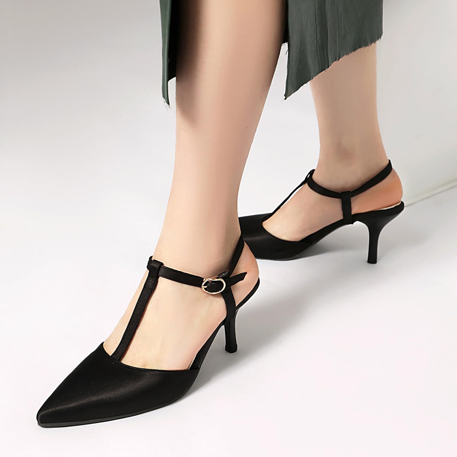 Décolleté da Donna con Punta a Punta, Cinturino a T, Tacchi Kitten, Slingback con Fibbia, Tacchi Medi, Scarpe Eleganti per Abito da Sposa