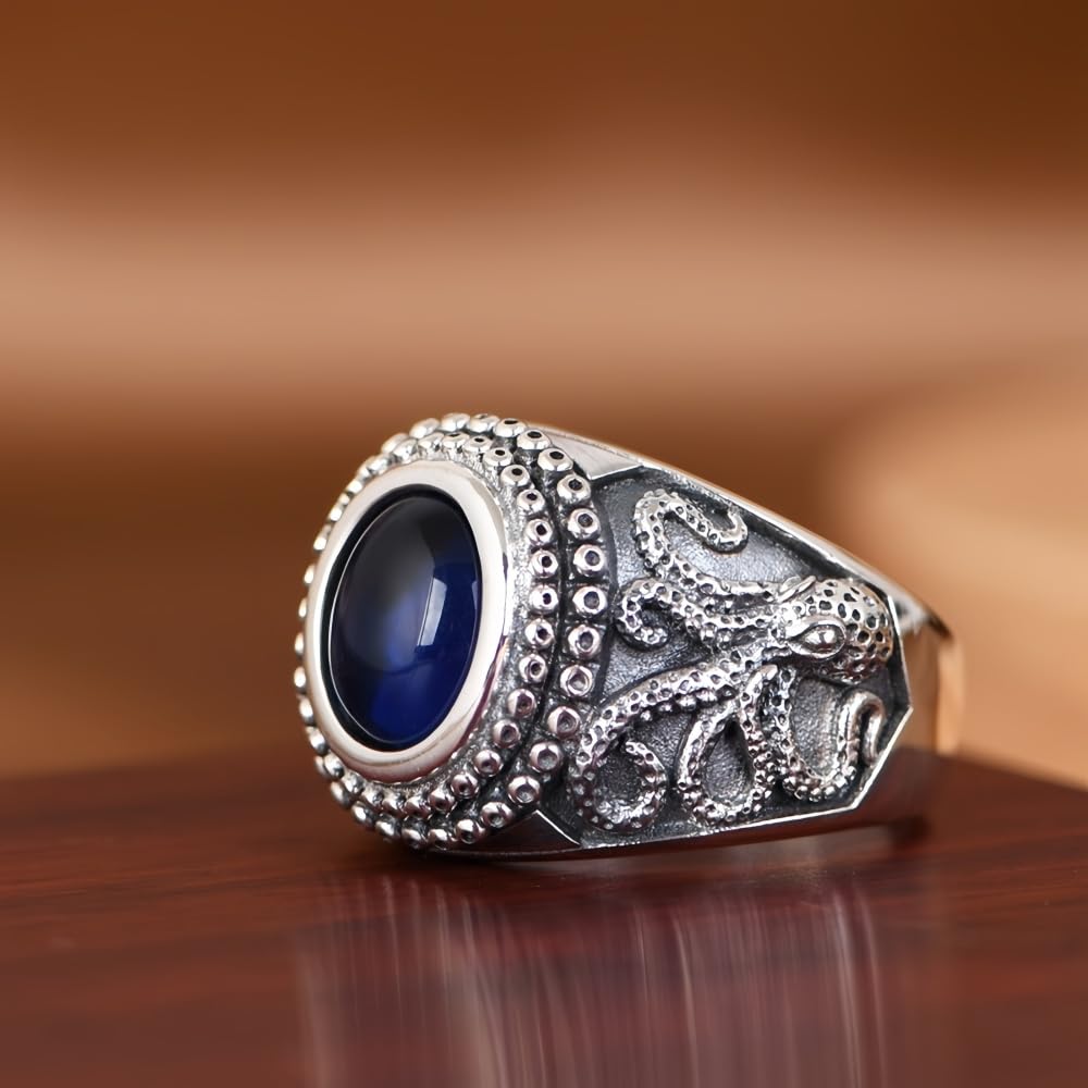 Oktopus Ring für Herren 925 Sterling Silber Seeungeheuer Kraken Tintenfisch Ring mit Blauem Stein Offen Verstellbar