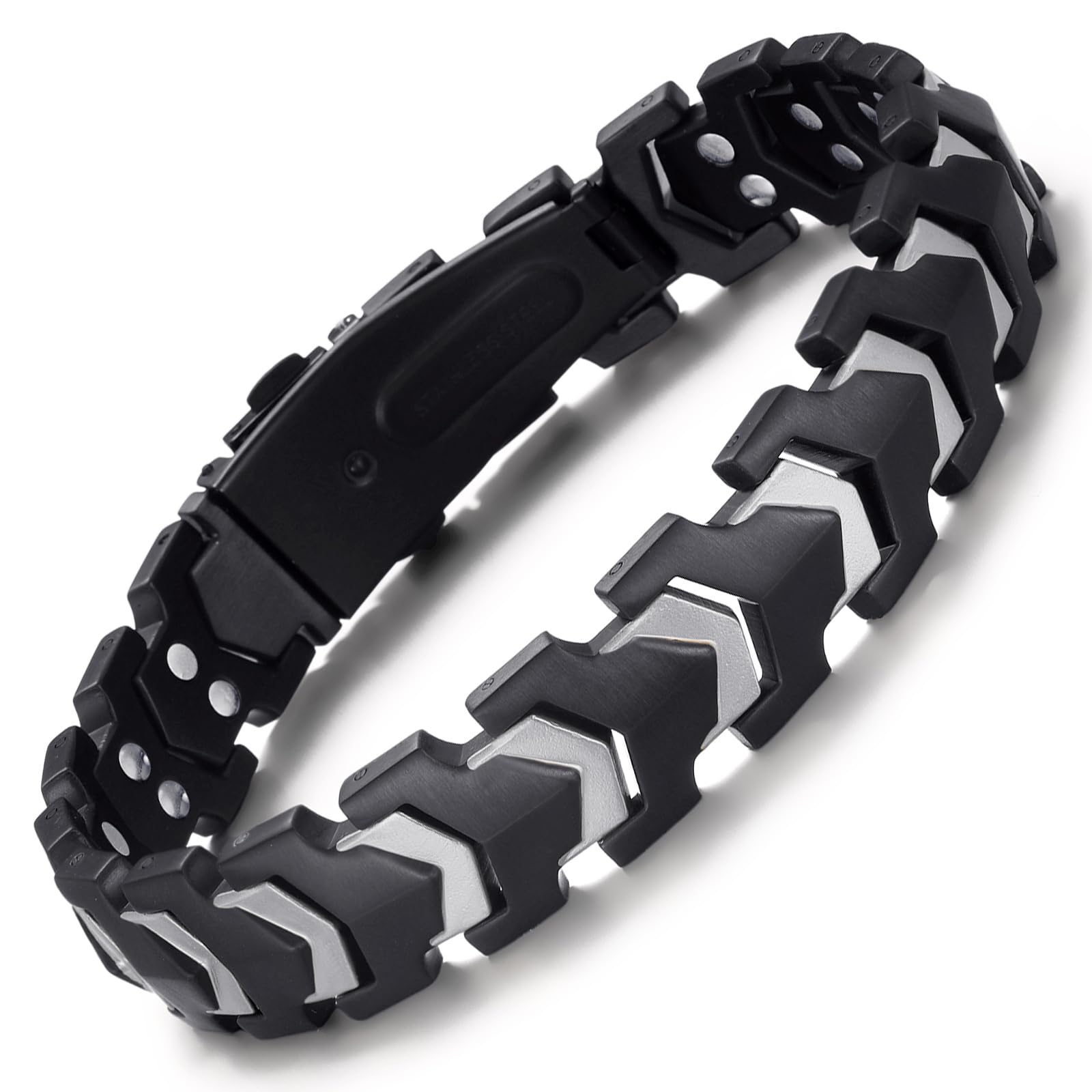 RainSo Pulsera magnética para hombre, de acero inoxidable, diseño de flecha mate, ajustable, resistente, para escalada al aire libre (9,45 pulgadas)