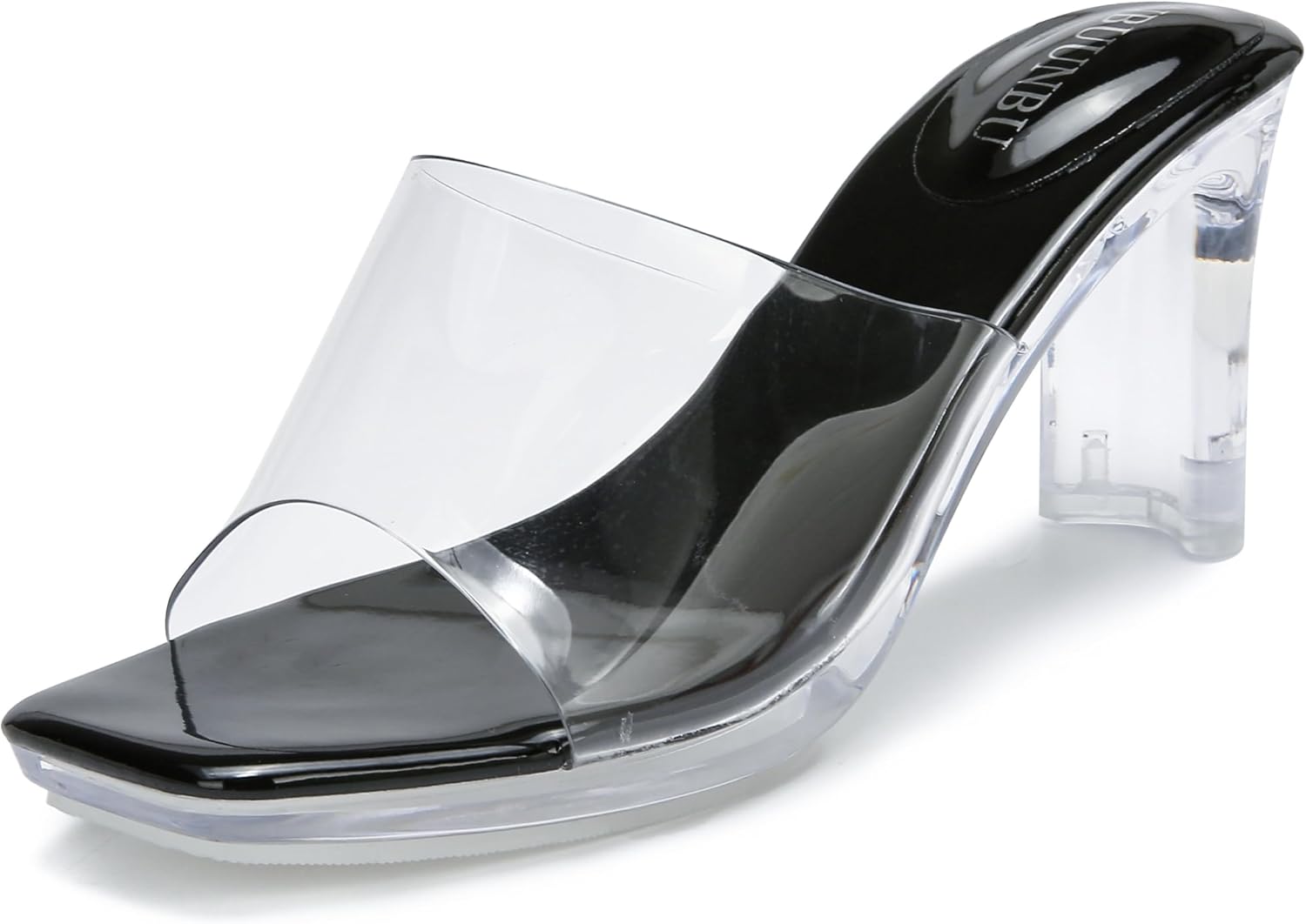NBUUNBU Chunky Heels for Women Clear Platform Heels Sexy Block High Heels Sandals Square Toe Open Toe Transparent Strap Comfortable Dress Shoes Slip on Mules - Image 2