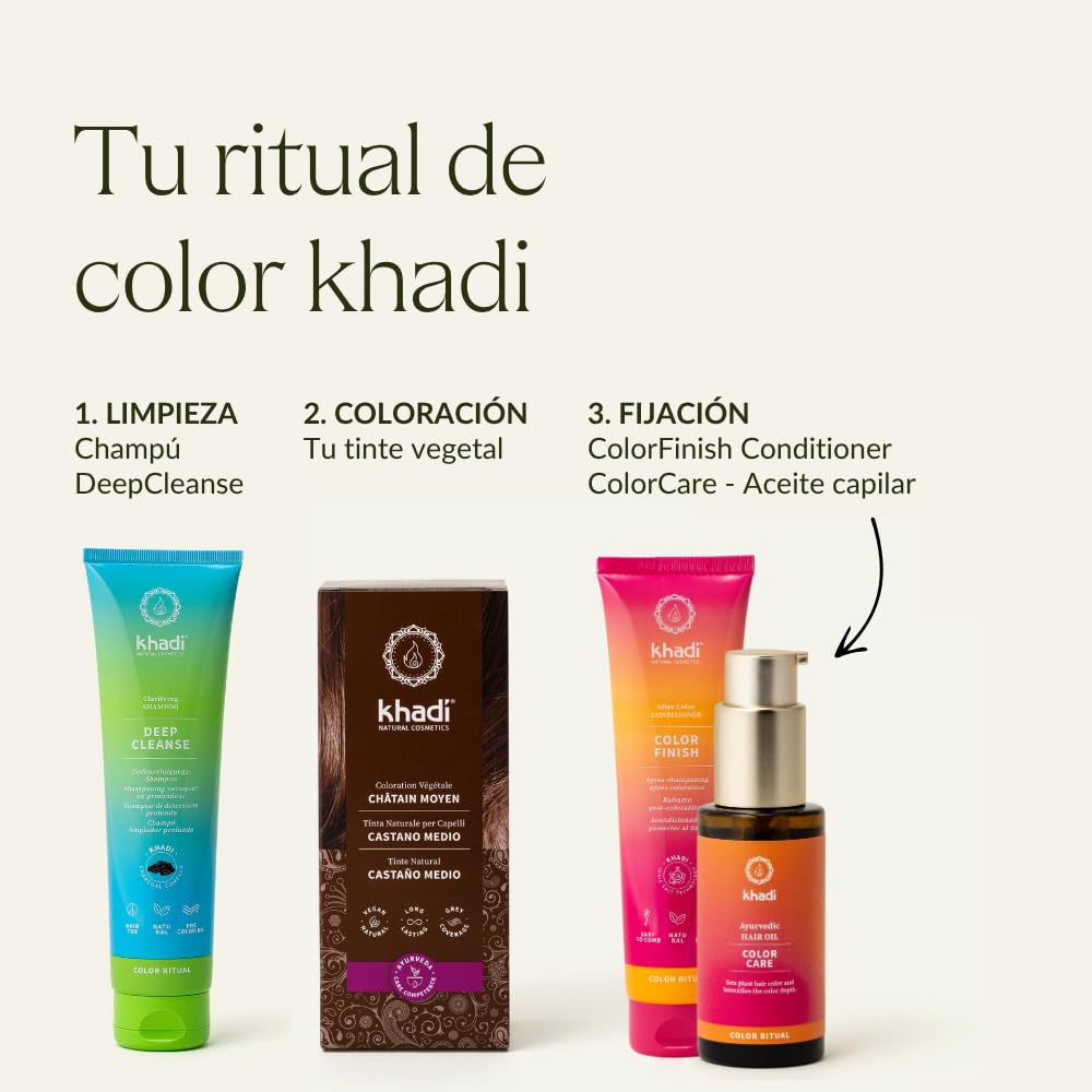 khadi ColorCycle CASTANO MEDIO Kit completo - Tinte vegetal para el cabello + DEEP CLEANSE Champú clarificante ayurvédico + COLOR FINISH Acondicionador para después del tinte + Aceite capilar COLOR CA