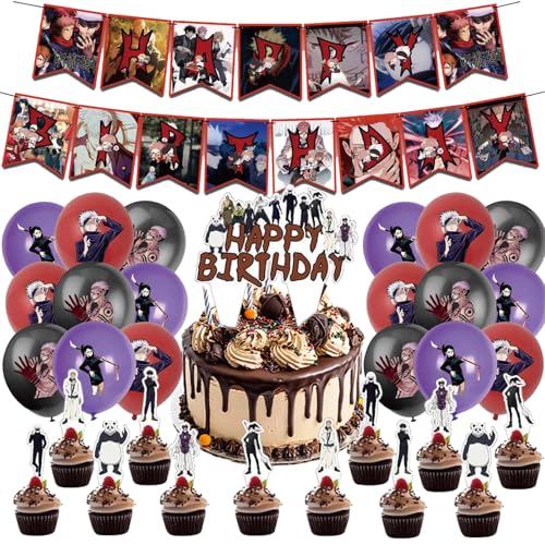 PfirstDa Jujutsu Kaisen Party Decorations, Jujutsu Kaiiisen Birthday Decorations Comprenant Décorations de Gâteaux Ballons et Bannières Happy Birthday