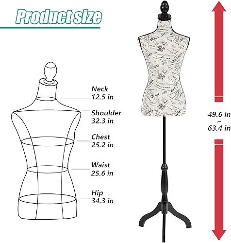 Miniatura 7 de Maniquí de vestido de maniquí, modelo de vestido de cuerpo de maniquí, altura ajustable de 60 a 67 pulgadas con trípode base de madera para ropa,