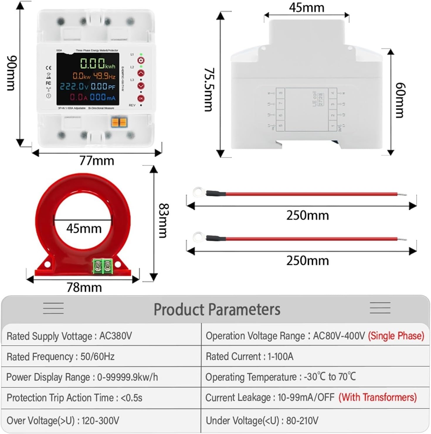 3P 100A Two-Way Energy Meter EAEMP3C-100-TY-W with Relay Switch Current Limiter(EAEMP3C Transformer)