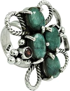 Natural Emerald & Garnet Gemstone Handmade Ring, Solid 925 Sterling Silver Womens Gift Ring, Stackable Stacking Multitone Ring, Statement Ring, Metaphysical Gifts, May January Birthstone Ring