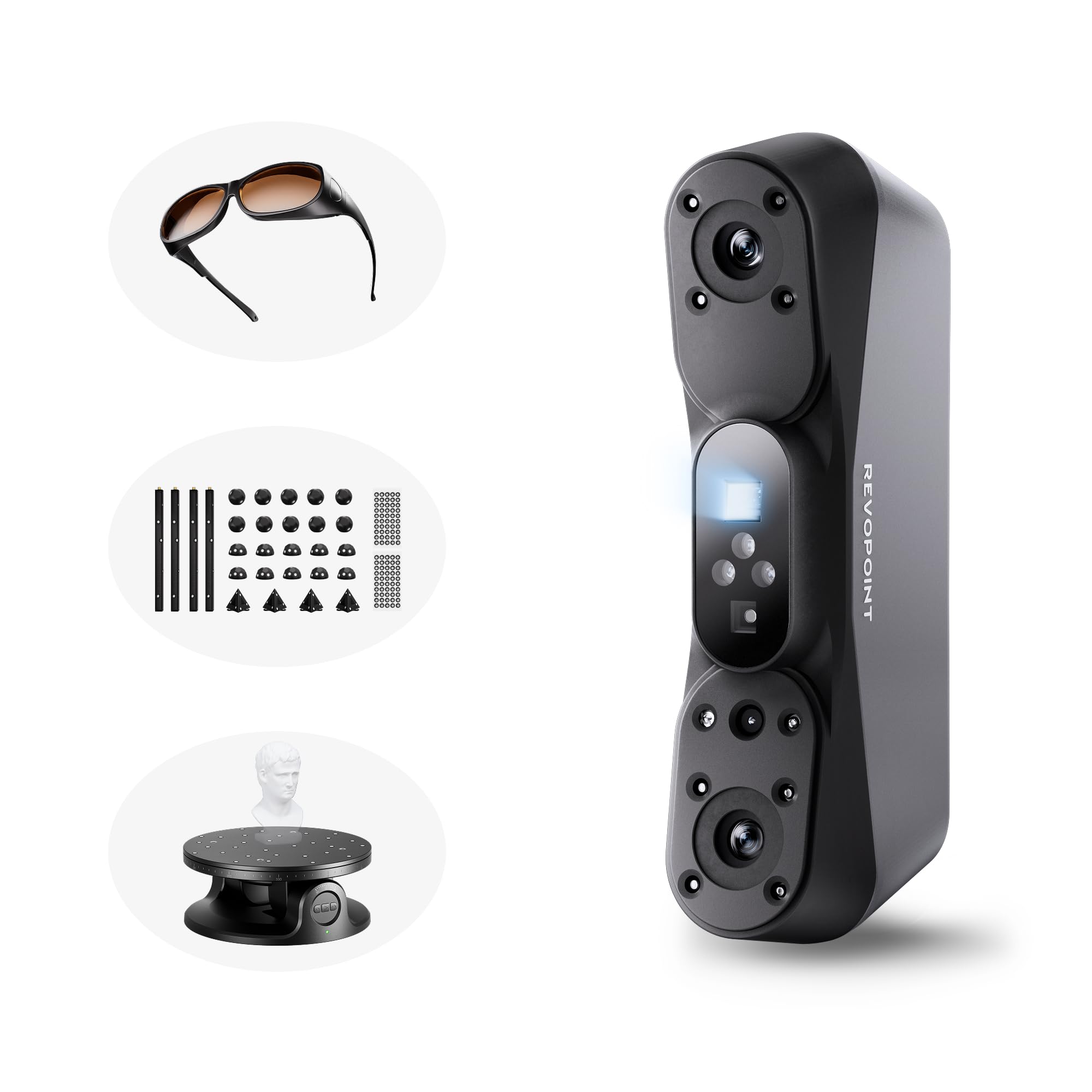 Revopoint POP 4 3D-Scanner Standard & Laserschutzbrille & 28 Stück 3D-Marker-Block-Kit für 3D-Scannen & Doppelachs Drehtisch