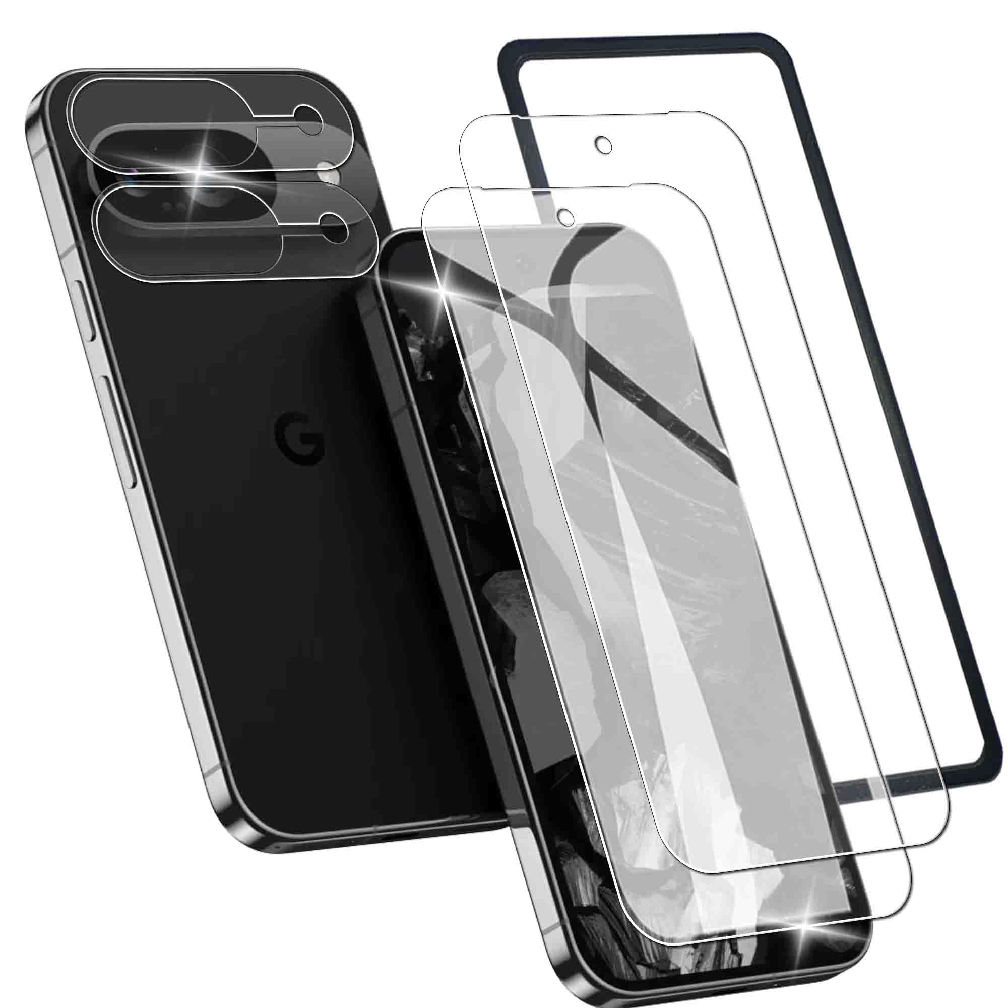 zbseeky Google Pixel 9用 ガラスフィルム【2枚フィルム+2枚レンズ保護+ガイド枠付き】 日本旭硝子AGC素材 ピクセル9 用 強化ガラス 保護フィルム 気泡防止 貼り付け簡単 指紋防止 撥油撥水 硬度9H 耐衝撃 飛散防止 ラウンドエッジ加工 超薄