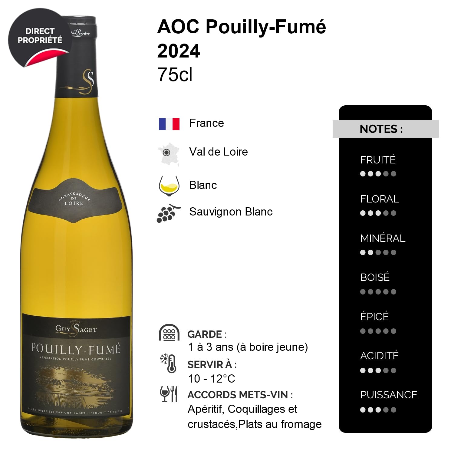 Pouilly-Fumé - Blanc 2024 - Guy Saget - Vin Blanc du Val de Loire (3x75cl)